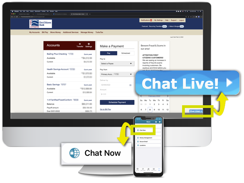 Monitor screen with mobile device, with Chat Live button.
