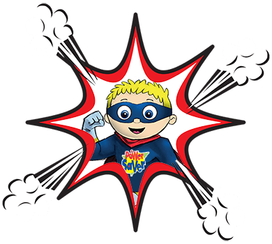 cartoon power saver superhero mascot Benny ina comic book burst